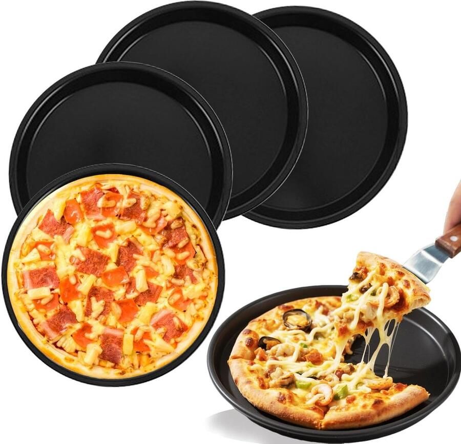 Set van 4 ronde pizza borden met antiaanbaklaag quiche bakvorm en zwart bakblik voor pizza flambée en taart gelijkmatige warmteverdeling en eenvoudig schoonmaken 2 cm x 16 2 cm