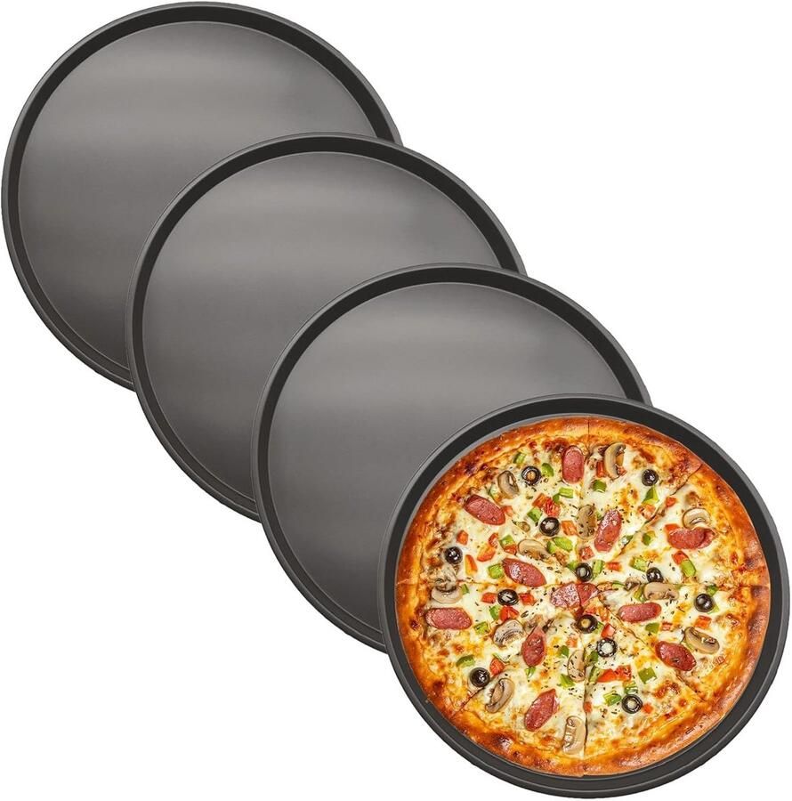 Set van 4 ronde pizza borden van 29 cm anti-aanbak staal hittebestendig voor ovengebruik en ideaal voor pizza's tot 220 graden