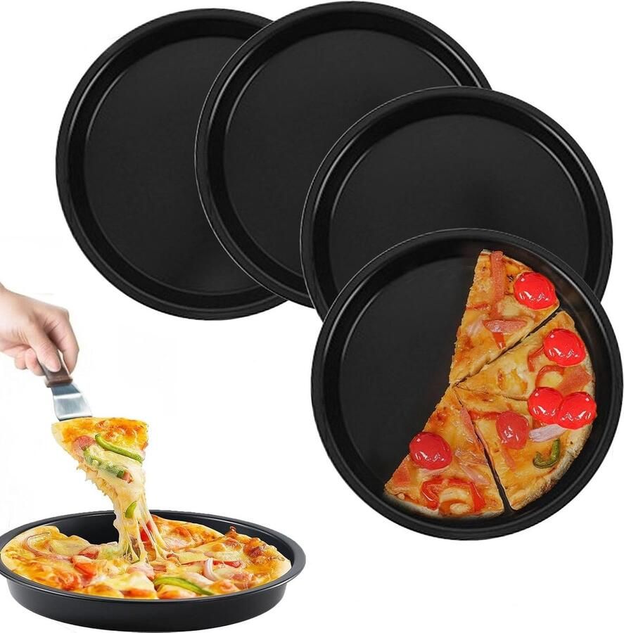 Set van 4 ronde pizza- en quicheborden met anti-aanbaklaag zwart 18 cm ideaal voor elke maaltijd