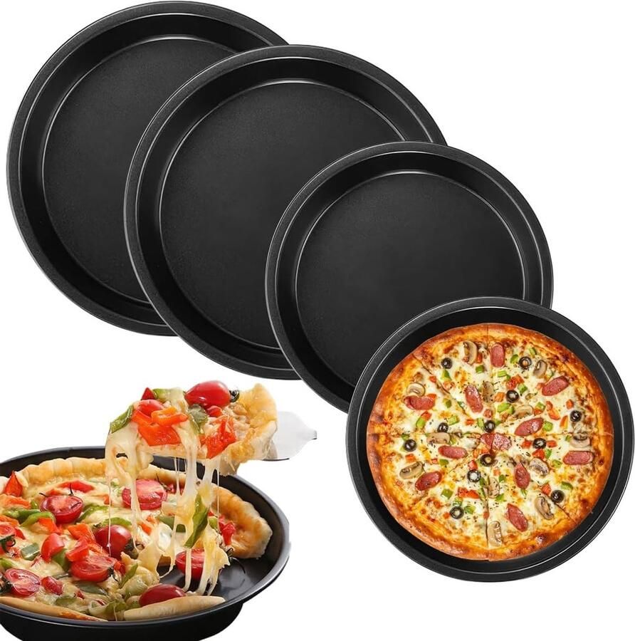 Set van 4 ronde pizza- en taartplaten 16cm en 18cm anti-aanbak bakvormen voor quiche en gebak duurzaam en gemakkelijk schoon te maken