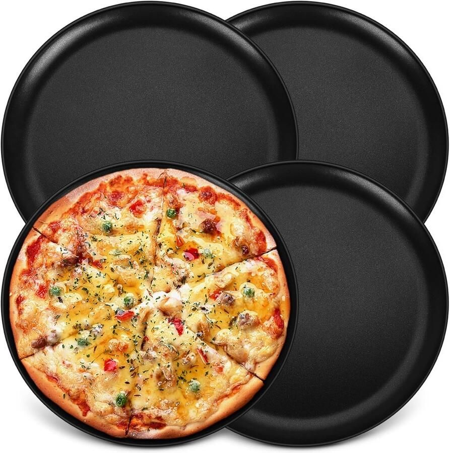Set van 4 ronde pizza platen van 30 cm roestvrij staal anti-aanbak duurzaam en eenvoudig schoon te maken ideaal voor bakken en serveren