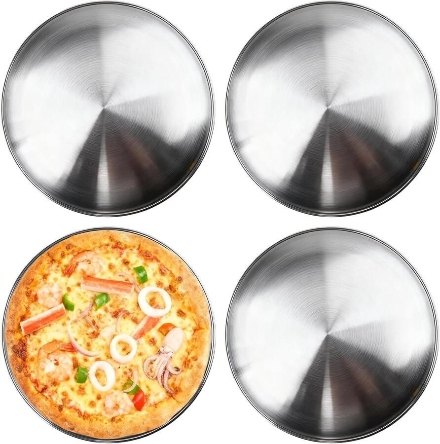 Set van 4 Ronde Pizza Platen van 30 cm van Roestvrij Staal voor Oven Bakken en Serveren Ideaal voor Thuisgebruik en Koffie Genieten