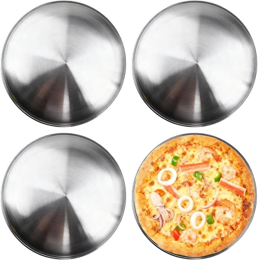 Set van 4 Ronde Pizza Schalen van 30 cm van RVS Ideaal voor Oven Bakken en Serveren Perfecte Keukenaccessoires voor Pizza Liefhebbers