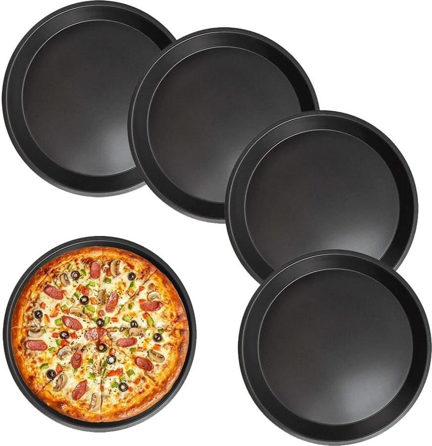 Set van 4 ronde pizza platen van koolstofstaal diameter 16 cm anti-aanbaklaag voor pizza flammkuchen en taarten