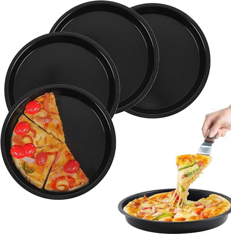 Set van 4 Ronde Pizza Schalen met Antiaanbaklaag Ideaal voor Pizza Quiche en Taarten Gemakkelijk Schoon te Maken en Evenredige Warmteverdeling 2.2cm (H) x 7