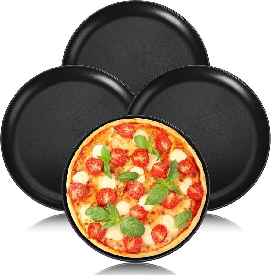 Set van 4 Ronde Pizza Schalen van 26 cm Roestvrij Staal Antiaanbaklaag Gezond en Duurzaam voor Bakken en Serveren