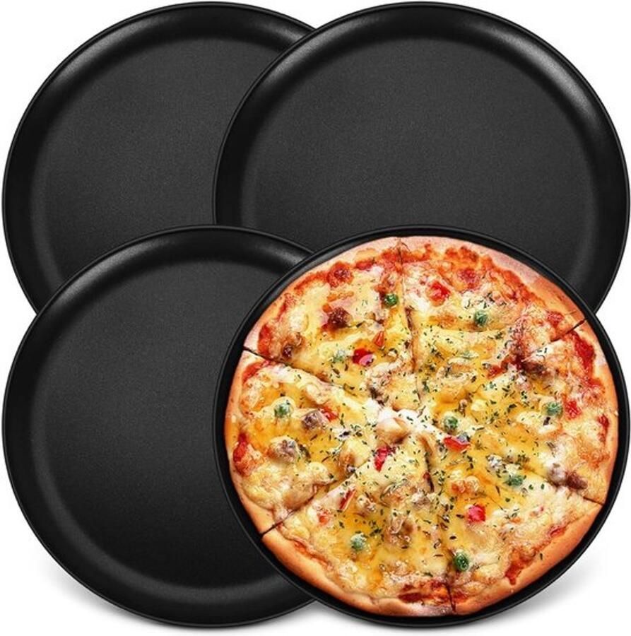 Set van 4 Ronde Pizza Schalen van 30 cm Roestvrij Staal Antiaanbaklaag Gezond en Duurzaam voor Bakken en Serveren