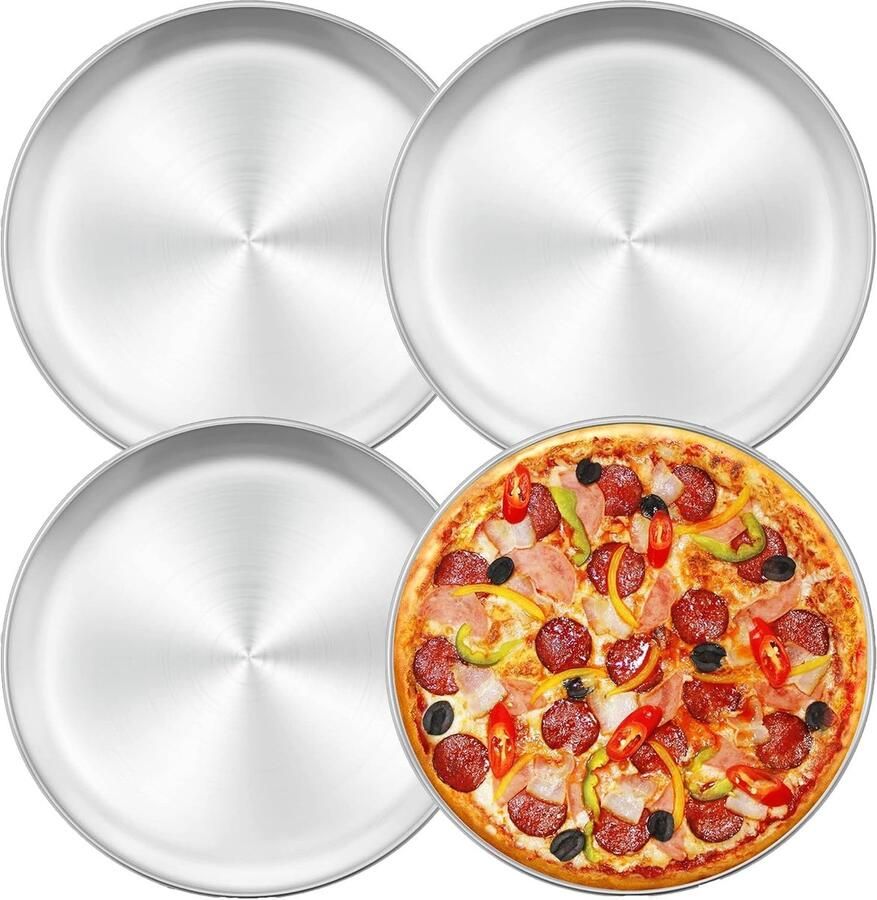 Set van 4 Ronde Pizza Schalen van Roestvrij Staal 30 cm Ideaal voor Oven Bakken en Serveren Duurzaam en Vaatwasmachinebestendig