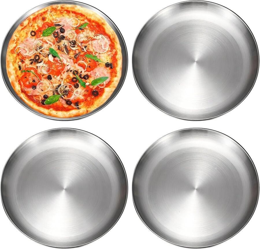 Set van 4 Ronde Pizza Schalen van RVS 30 cm Ideaal voor Bakken Serveren en Ovengebruik Makkelijk te Reinigen en Vaatwasserbestendig