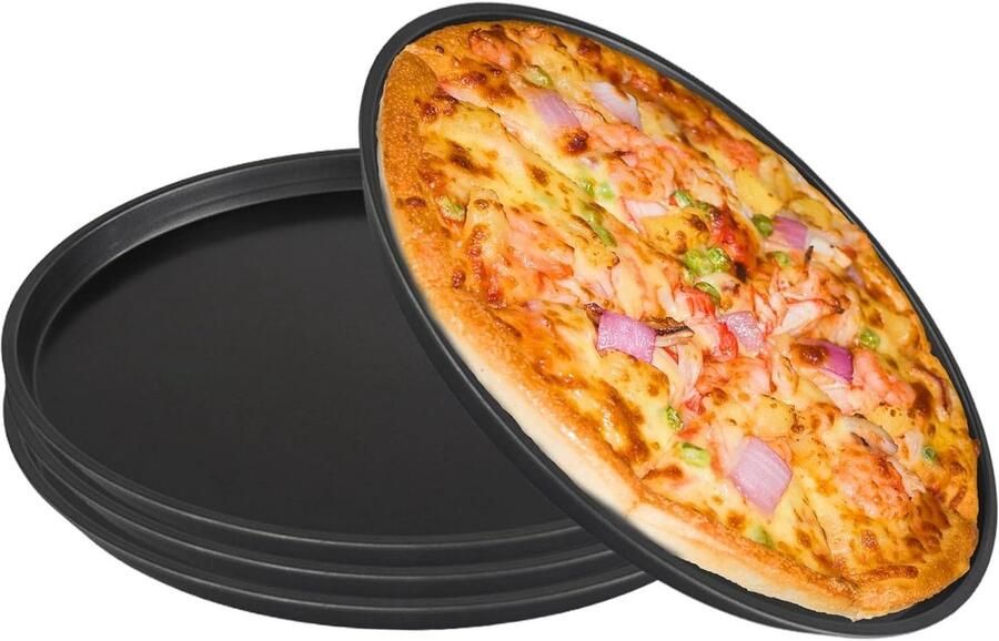 Set van 4 ronde pizzaborden van 29 cm met anti-aanbaklaag geschikt voor oven duurzaam en eenvoudig te reinigen