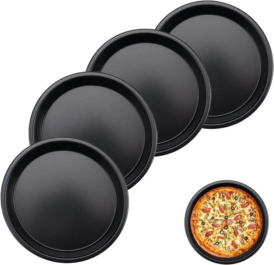 Set van 4 ronde pizzaborden van koolstofstaal antiaanbaklaag ideaal voor pizza flambé taarten en gebak