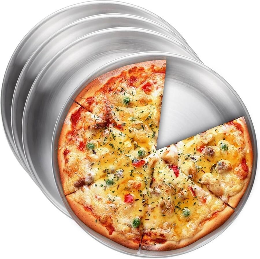 Set van 4 Ronde Pizzaplaten 30 cm RVS Bakplaat met Antiaanbaklaag