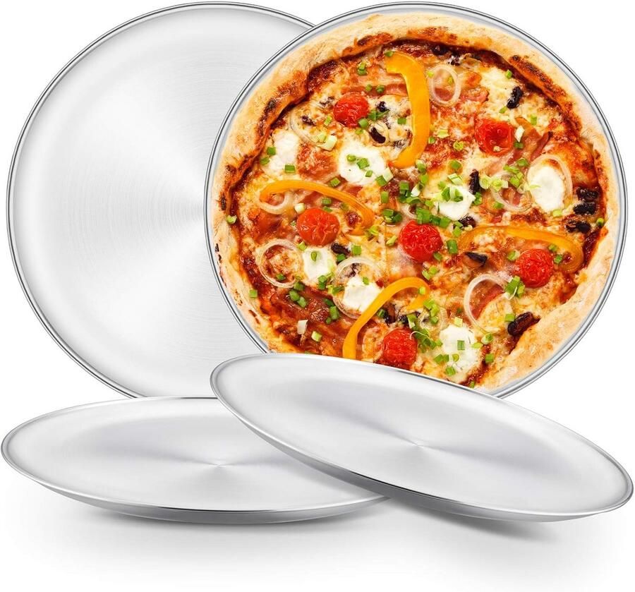 Set van 4 Ronde Pizzaplaten RVS 26 & 30 cm Ovenbestendig Bakplaat