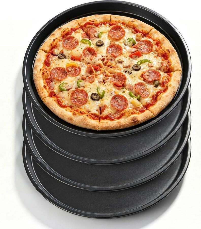 Set van 4 ronde pizzaplaten van koolstofstaal met antiaanbaklaag en diameter van 29 cm hittebestendig en ideaal voor thuisgebruik