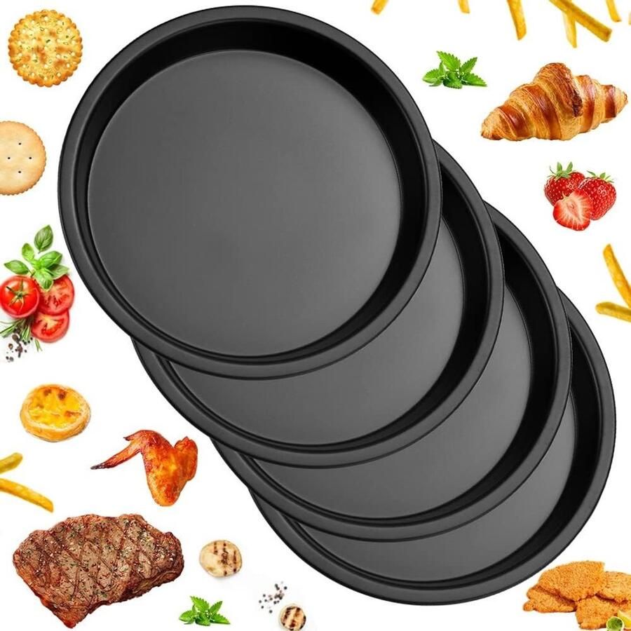 Set van 4 ronde pizzavormen Ø18 cm van koolstofstaal anti-aanbak bakplaten voor pizza quiche en taarten