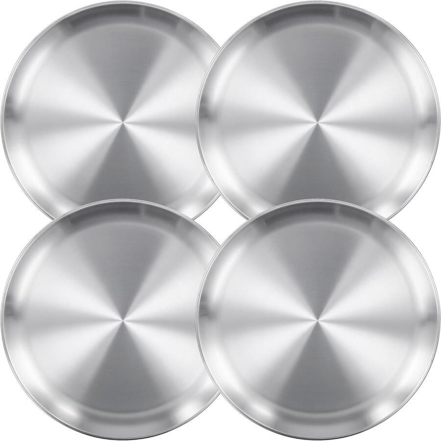 Set van 4 ronde roestvrijstalen pizzaplaten van 30 cm vaatwasmachinebestendig ideaal voor oven en kamperen