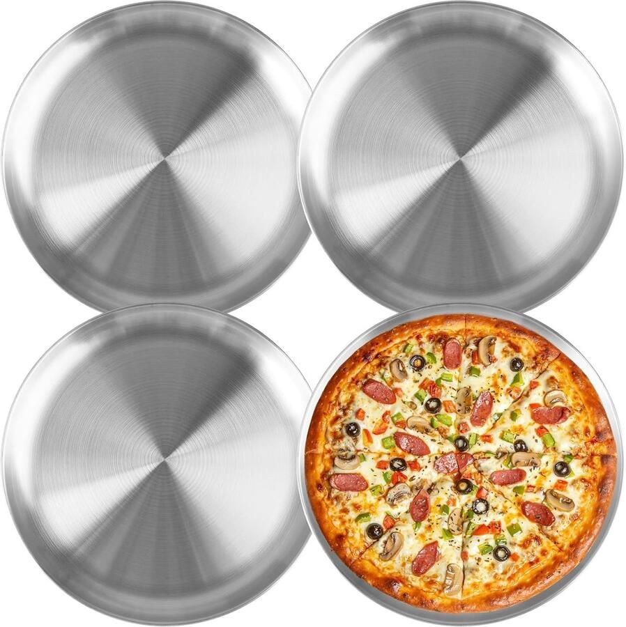 Set van 4 Ronde RVS Pizza Schalen van 26 cm Ideaal voor Bakken Snacks en Catering