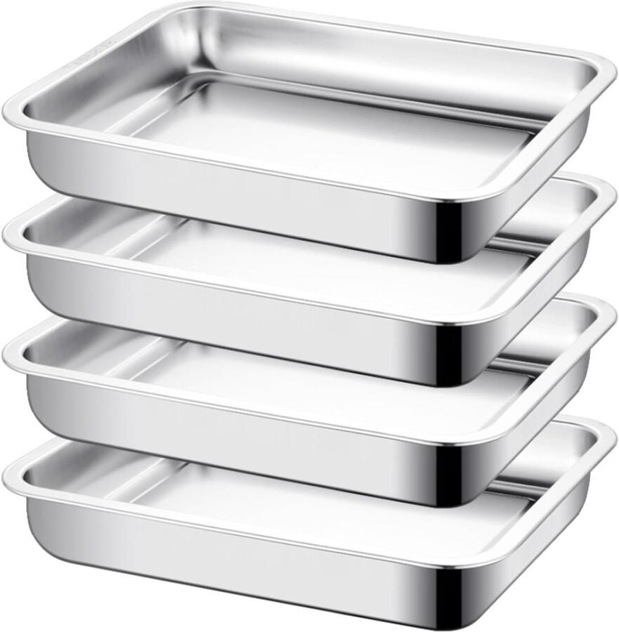 Set van 4 RVS Bakplaten 27 x 20 x 4.8 cm voor Bakken Roosteren en Serveren in de Oven