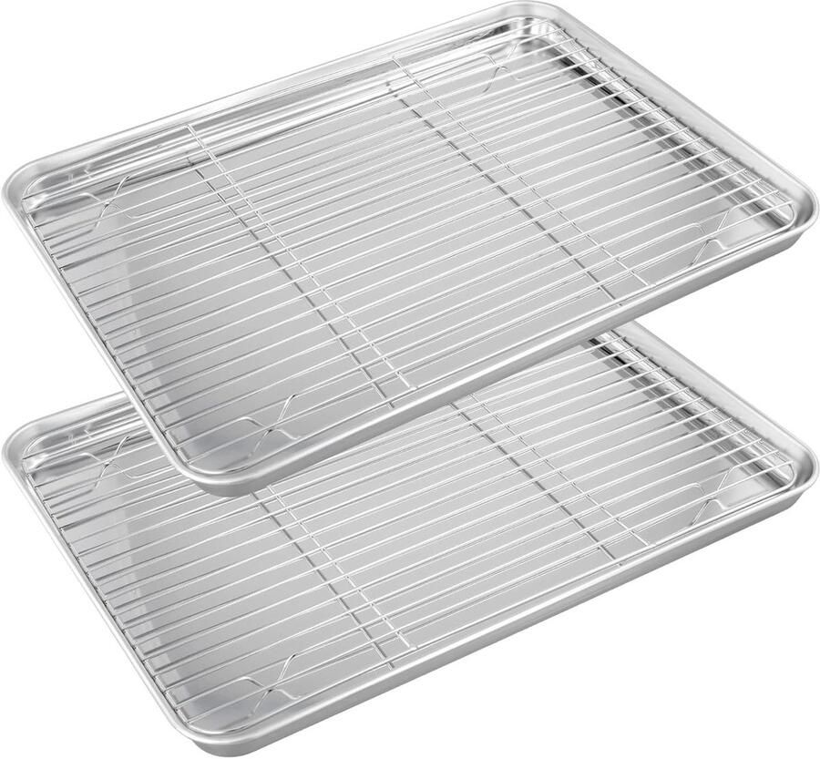 Set van 4 RVS Bakplaten 40.5 x 30.5 x 2.5 cm met Koelrooster Ideaal voor Taarten en Ovenbereidingen
