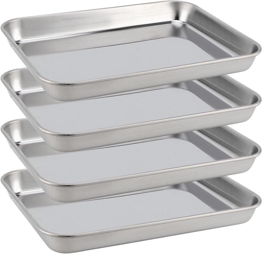 Set van 4 RVS Bakplaten Antiaanbak Rectangulaire Catering Baktray voor Oven Makkelijk Schoon te Maken 9.2 x 6.8 x 1 Inch Perfect voor Koekjes en Roosteren