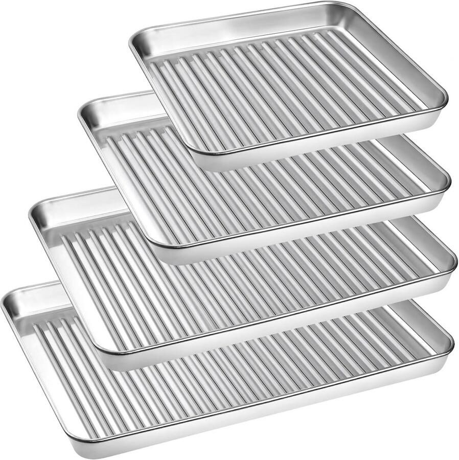 Set van 4 RVS Bakplaten met Antiaanbaklaag Ovenbakken en Braden Rechthoekig & Gegolfd