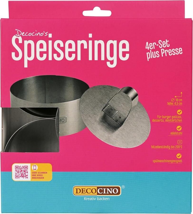 Set van 4 RVS Eetringen met Pers voor Desserts en Hamburgers Ø 10 cm