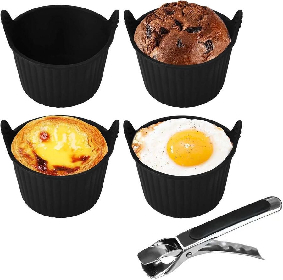 Set van 4 Silicone Bakvormen voor Airfryer Inclusief RVS Tang Herbruikbaar & Non-Stick