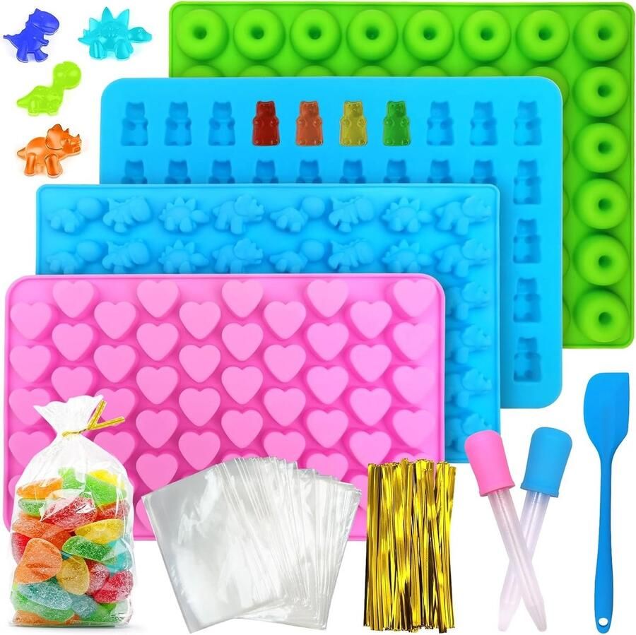 Set van 4 Siliconen Mallen voor Snoep Jelly en Chocolade met 2 Pipetten Antiaanbaklaag voor Gemakkelijk Gebruik
