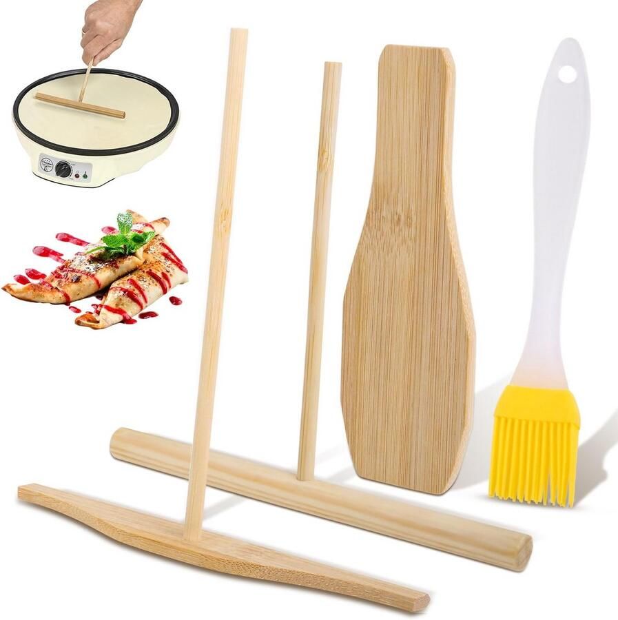 Set van 4 spatels en strooiers voor houten pannenkoeken en pannenkoeken T-vormig gereedschap met lange steel en olieborstel voor keuken en keuken
