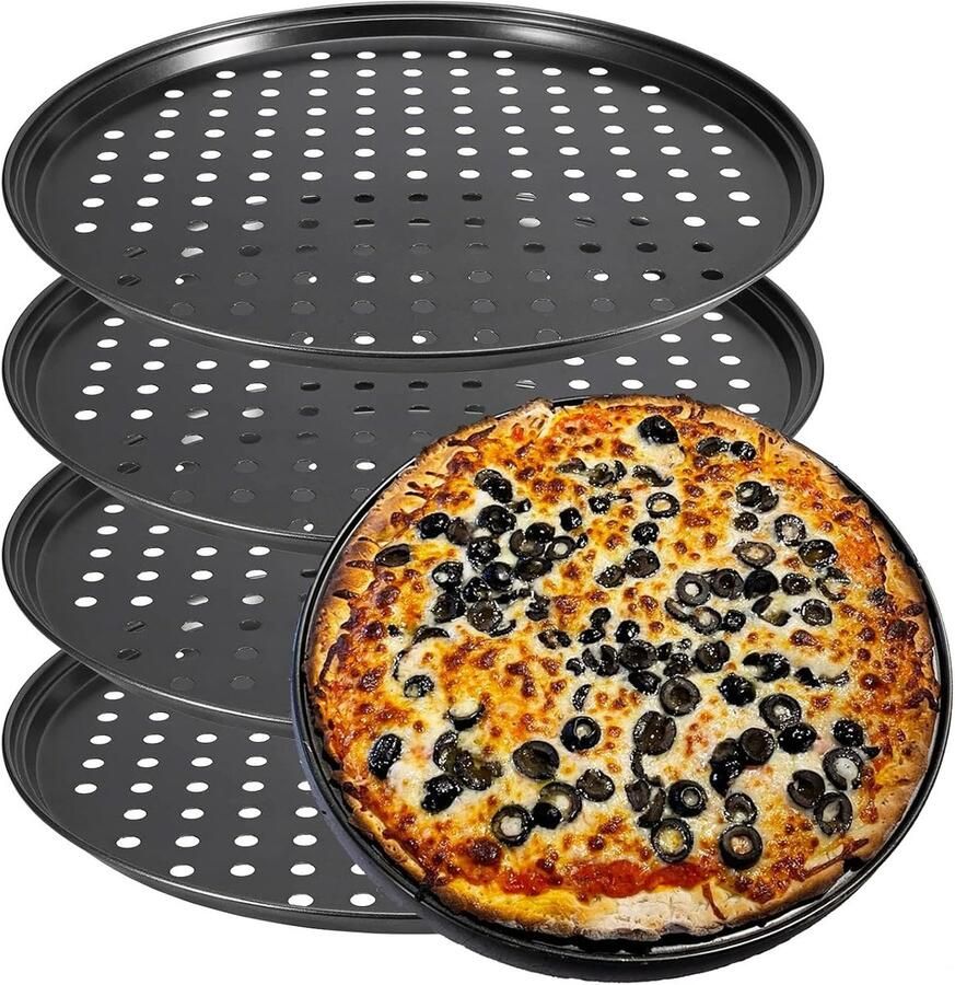 Set van 4 Stuks 30 cm Ronde Pizza Bakplaten met Gaten Ideaal voor Oven en Pizzadeeg Antiaanbaklaag en Perfecte Bakresultaten