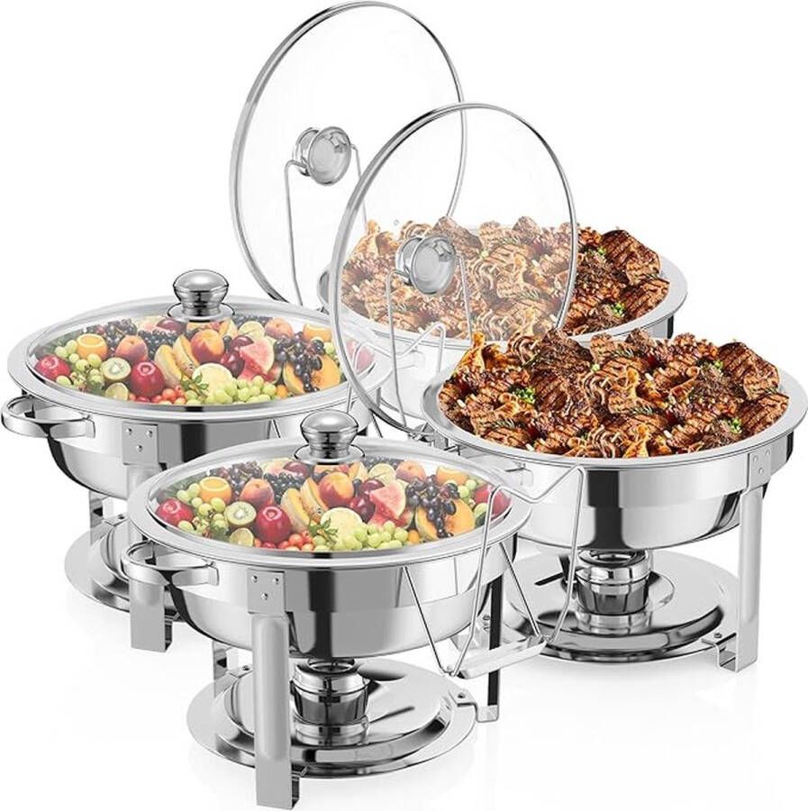 Set van 4 Stuks 6L Ronde Voedselwarmers RVS Buffet Chafing Dish met Transparante Glazen Deksel Ideaal voor Catering Buffetten en Feesten