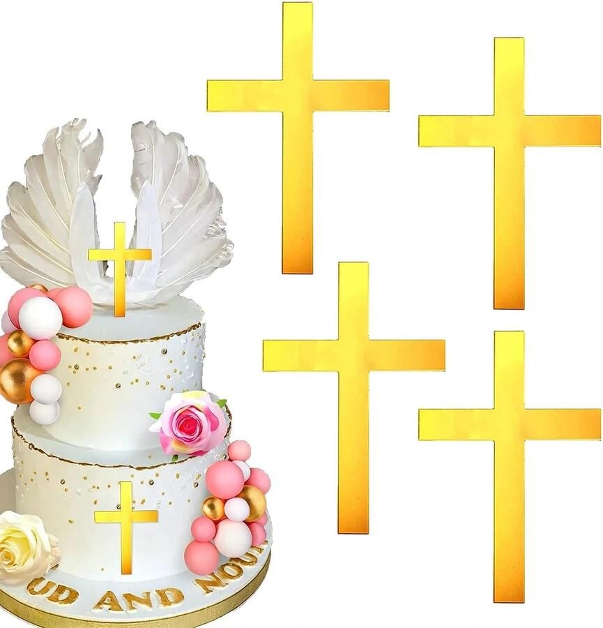 Set van 4 stuks acryl kruistaarttoppers doop taarttoppers kruistaarten decoratie voor verjaardag babyshower kruising cupcake (gouden spiegel acryl)