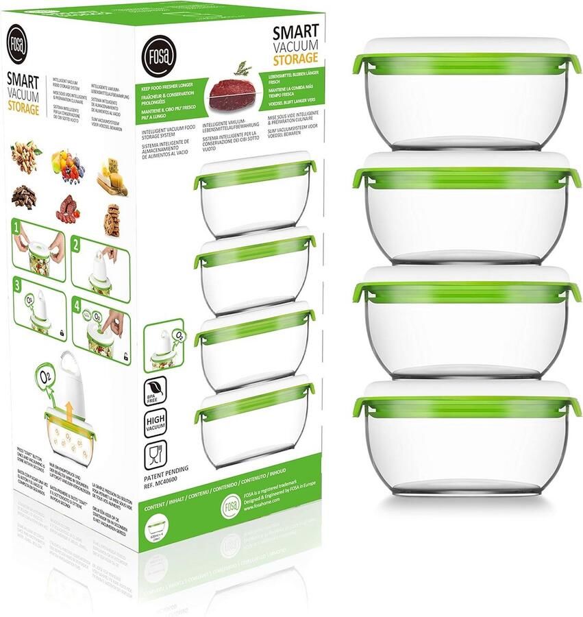 Set van 4 Vacuüm Bewaarbakjes 600 ml Vershoudboxen voor Voedsel