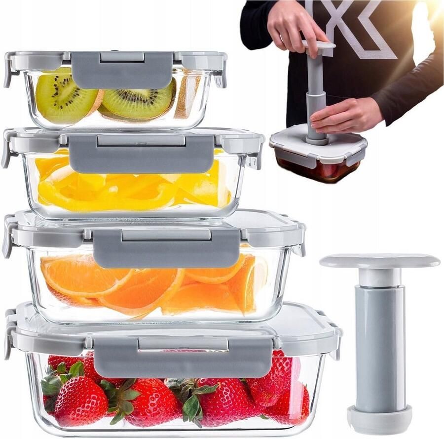 Set van 4 Vacuümcontainers van Glas met Handpomp voor Langer Verse Voedselopslag