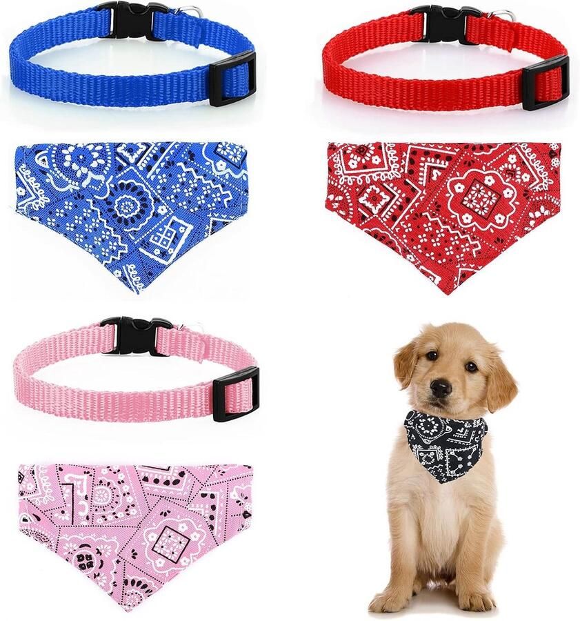 Set van 4 Verstelbare Kattenhalsbanden met Afneembare Strik en Bohemian Pet Bandana voor Honden en Katten (Rood Blauw Zwart Roze)