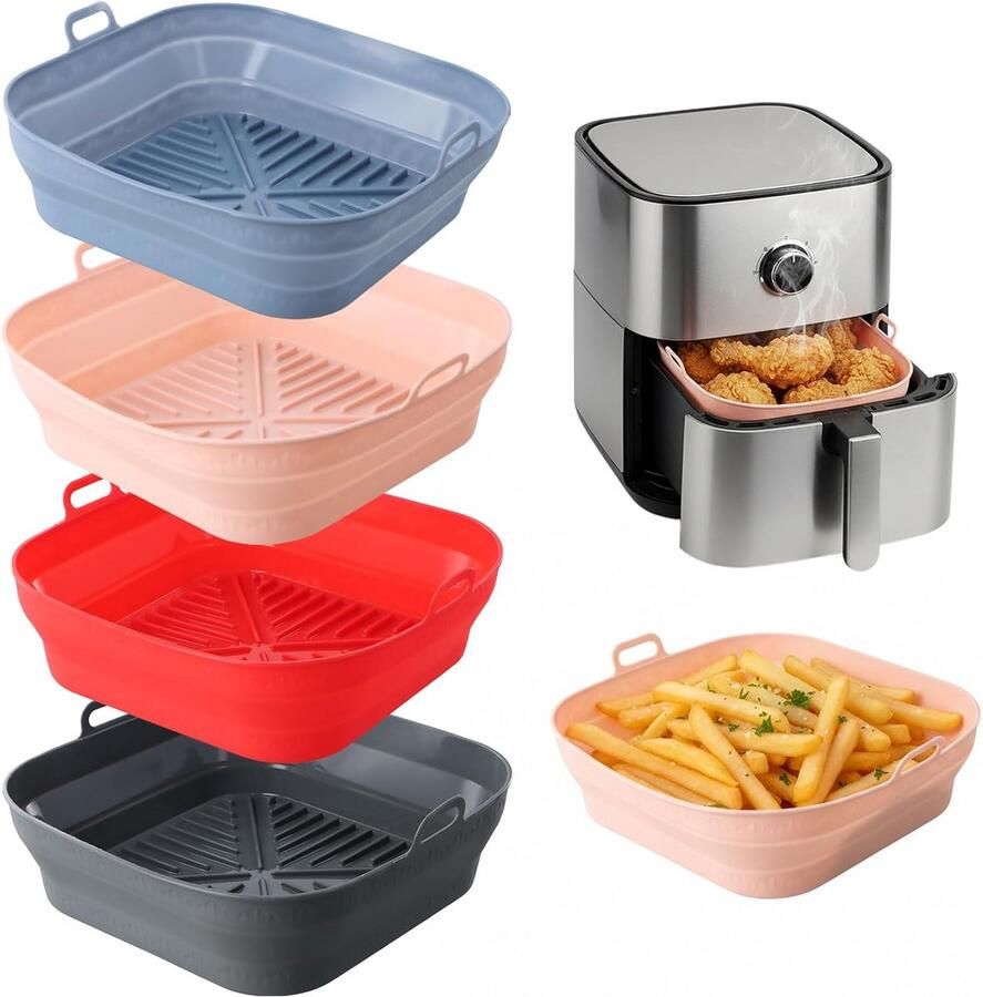 Set van 4 Vierkante Siliconen Airfryer Bakvormen Opvouwbaar en Vaatwasserbestendig