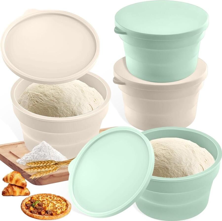 Set van 4 Vouwbare en Stapelbare Pizza Deegdozen met Deksel Antikleef Siliconen Fermentatieboxen voor Brood Pizza en Sourdough