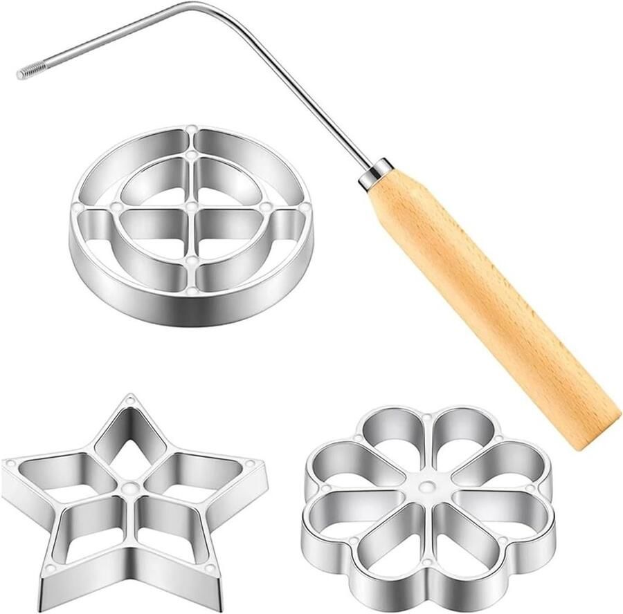 Set van 4 Wafelvormen met Houten Handvat Rozenvorm Ster Bloem en Cirkel Vormgeving voor Perfecte Wafels