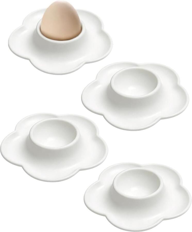 Set van 4 witte eierdopjes onbreekbaar stapelbaar en geschikt voor levensmiddelen eierhouders voor ontbijt eettafel camping en Pasen