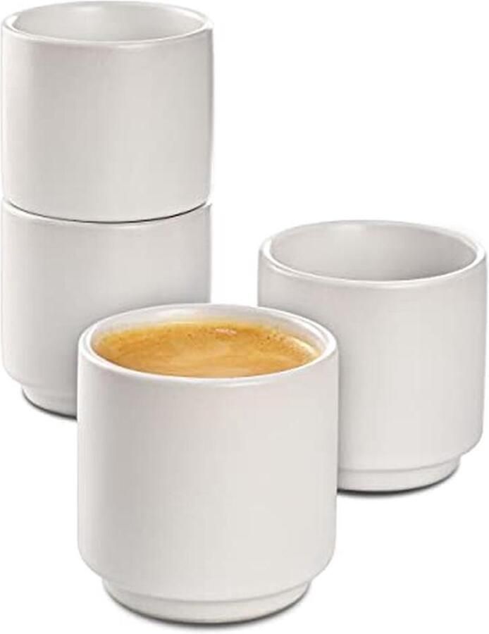 Set van 4 Witte Keramische Espresso Kopjes Stapelbaar Ontwerp Dikte Wanden Vaatwasserbestendig 70ml