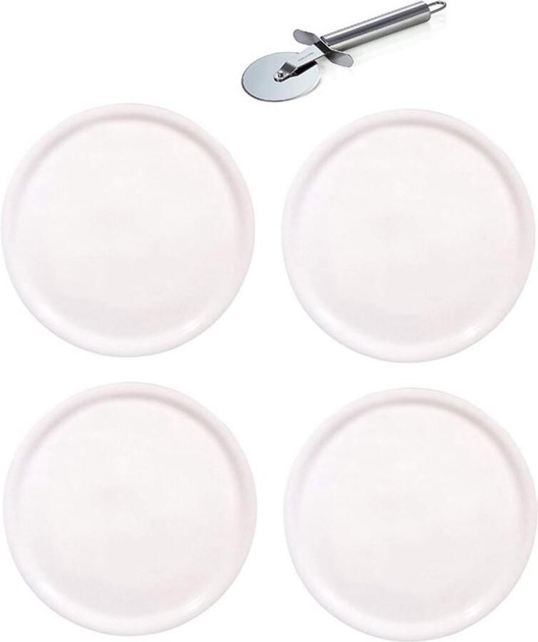 Set van 4 Witte Porseleinen Pizzaborden Ø28cm met Gratis Pizza Snijder