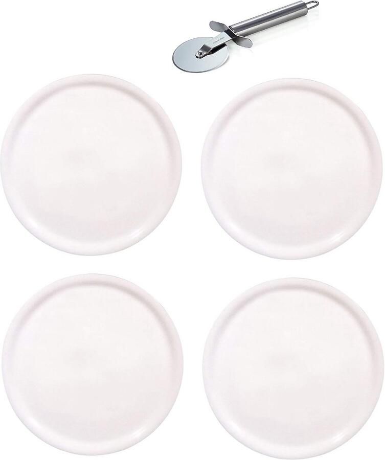 Set van 4 Witte Porseleinen Pizzaborden Ø28cm met Gratis Pizza Snijder