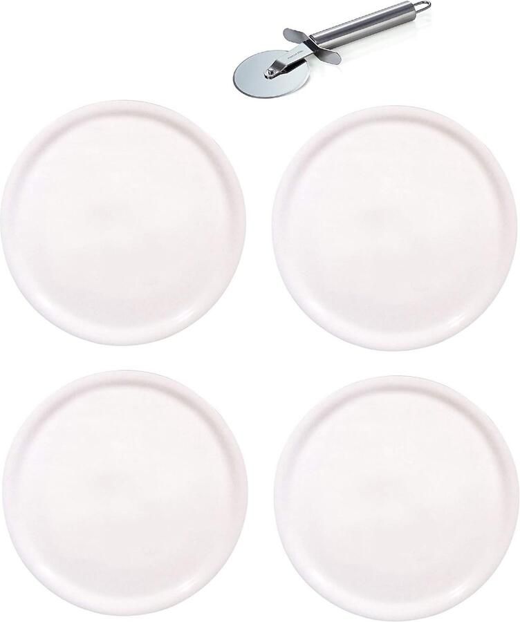 Set van 4 Witte Porseleinen Pizza Borden Ø31cm met Professionele Pizzaroller Ovenbestendig