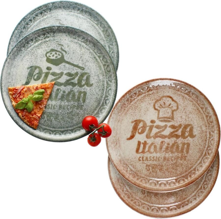 Set van 4 XL Porseleinen Pizzaborden Ø 33 cm Crème & Groen Serveerschalen voor Pizza en Antipasti