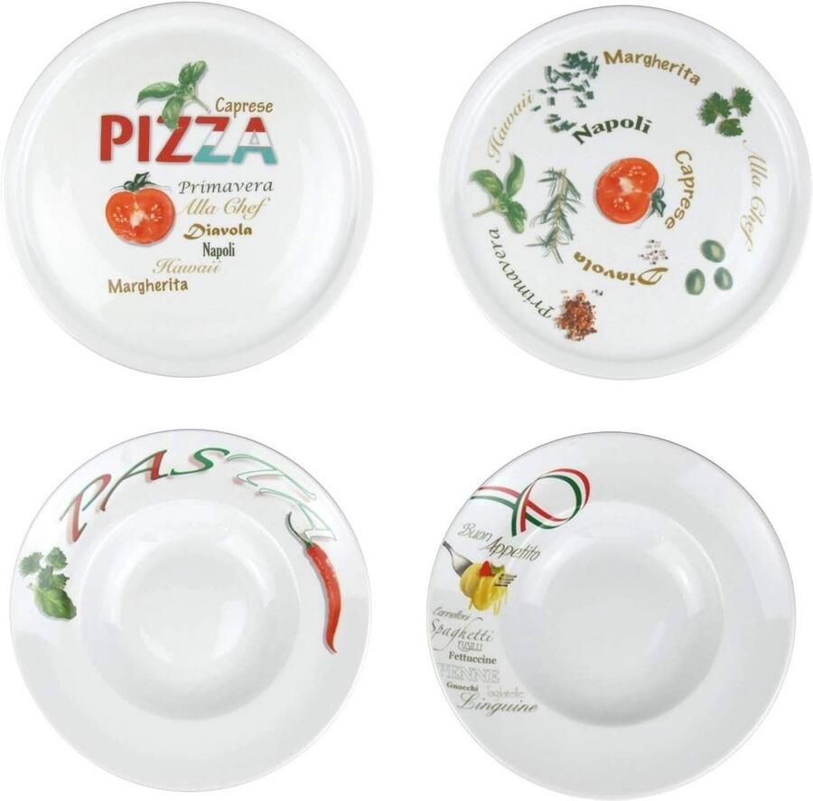 Set van 4 XXL Pizza en Pastaborden (2x Pizza 2x Pasta) Ø 30 cm met Decoratie