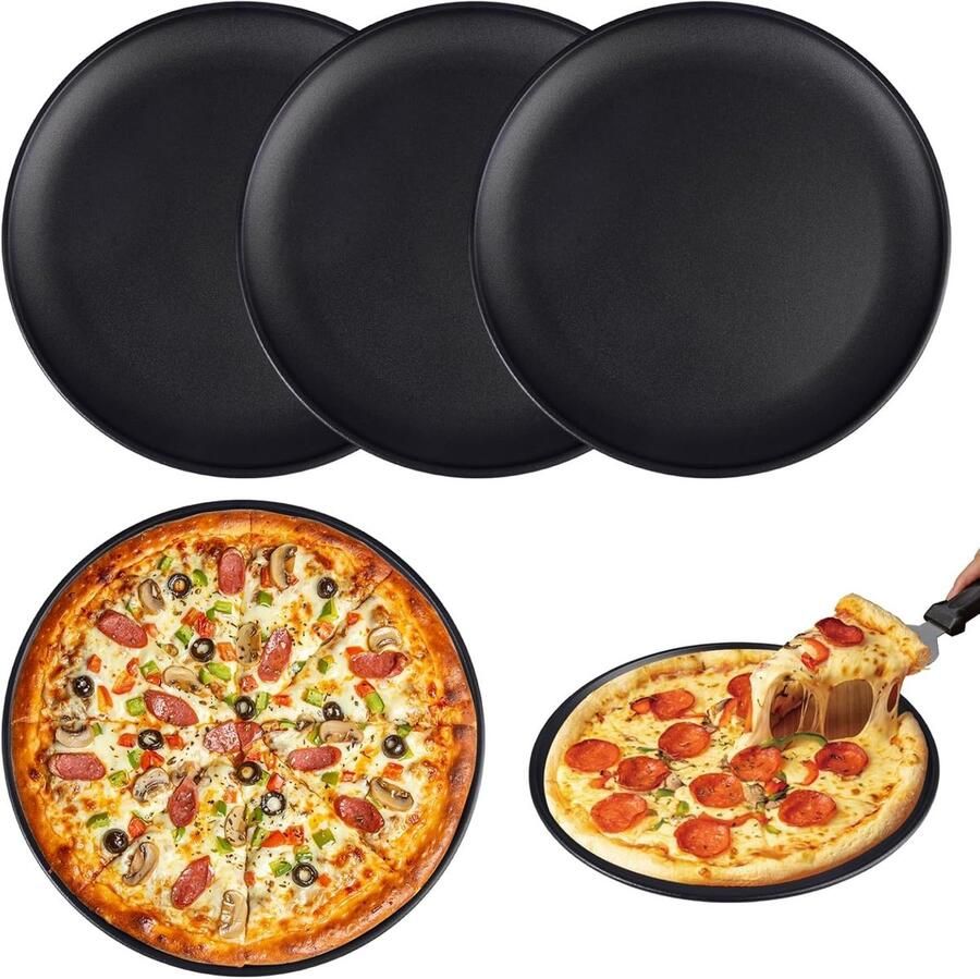 Set van 4 Zwarte Pizzabakken van 26 cm Ronde Bakplaten voor Pizza Niet Plakkerig Duurzaam en Makkelijk Schoon te Maken Perfect voor Oven en Serveerdoeleinden