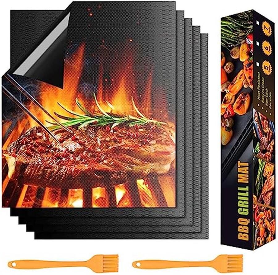 Set van 5 Herbruikbare Grillmatten met Antiaanbaklaag en 2 Bakborstels Perfect voor Houtskool en Gasgrills Ideaal voor Vlees Vis en Groenten