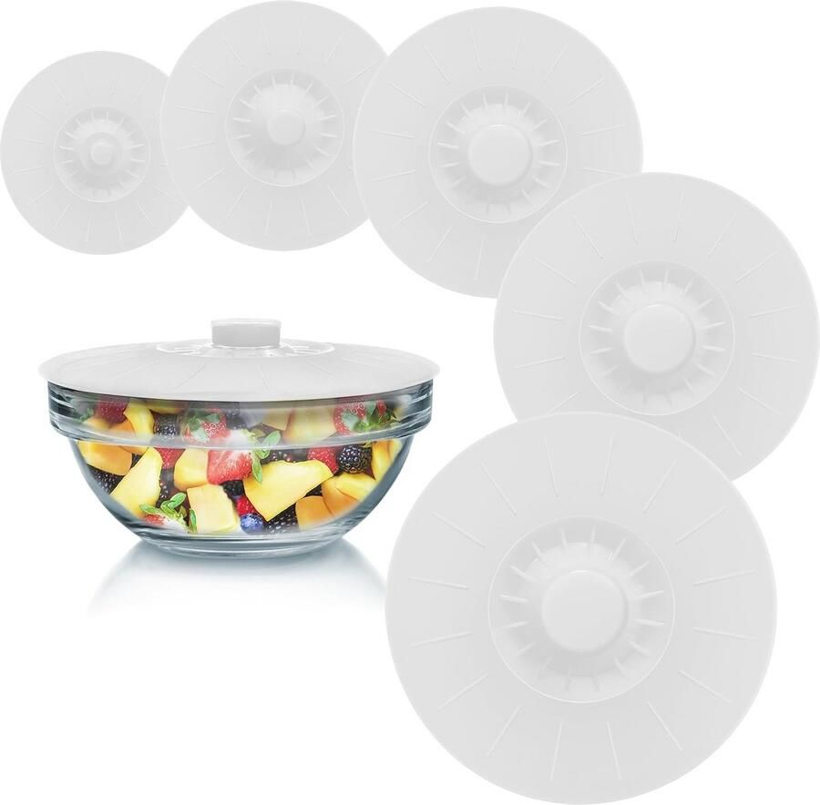 Set van 5 Herbruikbare Siliconen Deksel voor Houders Potten en Bekers Voedselveilig & Luchtdicht