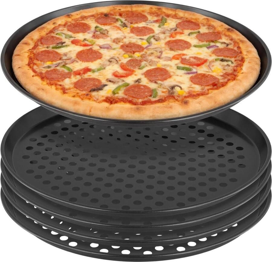 Set van 5 ronde pizza borden van 32 cm donkergrijs carbon staal perforated bakplaat voor pizza en flammkuchen ideaal voor knapperige korstjes en gelijkmatige warmteverdeling