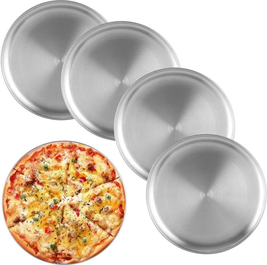 Set van 5 Ronde Pizza Schalen van Roestvrij Staal Geschikt voor Oven Bakken en Serveren Vaatwasserbestendig